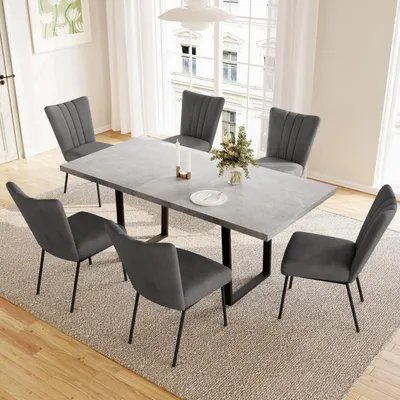 Produktbild von Essgruppe ausziehbarer Esstisch mit 6 Stühlen 130-170 cm ausziehbar Grau MDF