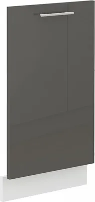 A close-up, studio shot of a gray cabinet door with a white base.