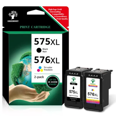 A product shot of printer ink cartridges and their packaging, with a graphic of hands holding the Earth.