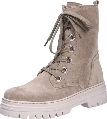 A single gray suede biker-combat boot with laces and a thick sole, presented against a white background.
