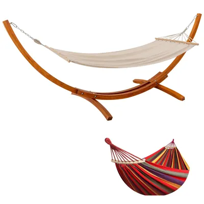 Produktbild von HOMAVO Hängematte mit Gestell, Mit 2 Hängematte, 200kg Belastbarkeit, 320x120x120 cm, Höhenverstellbar, Für Garten, Terrasse und Balkon