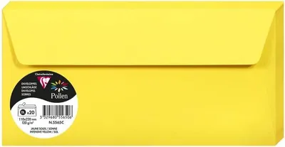 Produktbild von Clairefontaine 5565C - Packung mit 20 Umschläge Pollen, Format DL, 110 x 220 mm, 120g, ideal für Einladungen und Korrespondenz, Sonnengelb, 1 Pack