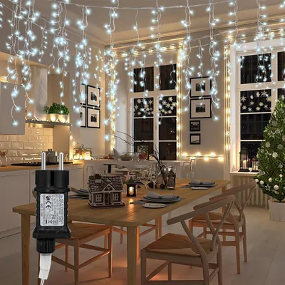 Image de Eikuavons Guirlande lumineuse Eisregen, 400 LED blanc froid, 10 mètres, rideau lumineux, 31 V, IP44, 8 modes avec mémoire, idéale pour Noël