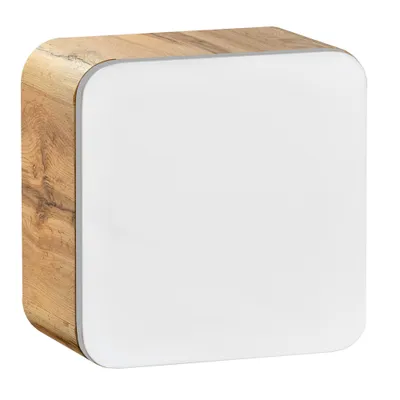 A product shot of a bathroom cabinet with a white front and wood-grain sides.