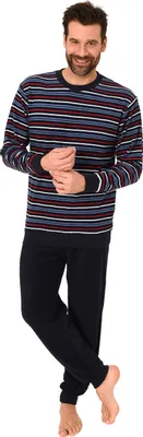 Produktbild von Langer Herren Frottee Pyjama Schlafanzug mit Bündchen - Streifenoptik - 291 101 13 133 ; marine/rot , 48