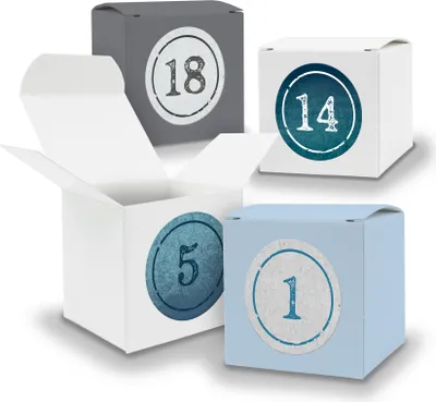 Produktbild von Adventskalender zum Füllen 24x Würfel 5cm GRAU WEIß EISBLAU + Sticker V13 Z01