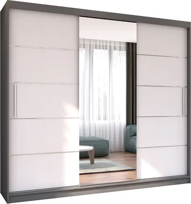 Produktbild von Easy4You Astra Grau/Weiss Schiebetürenschrank Kleiderschrank 233x218x61 cm mit Spiegel - Schlafzimmermöbel, Aufbewahrung – Mehrzweckschrank mit 2 Kleiderstangen