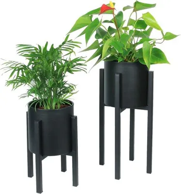 Productafbeelding van Bloemenstandaard met bloempotten - Set van 2 - Zwart - Metaal - Hoogte 23 en 33 cm