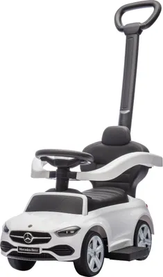 A white Mercedes Benz ride-on car with a push handle, shown against a white background.