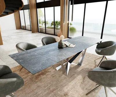 Produktbild von DELIFE Esstisch Edge 200-300x100 Keramik Laminam®Nero Greco Anthrazit Spider Flachstahl Edelstahl ausziehbar