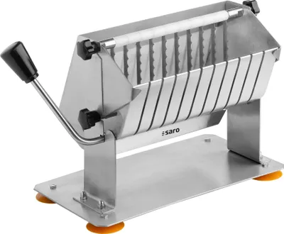 A stainless steel manual slicer with a black handle and orange suction cups on a white background.