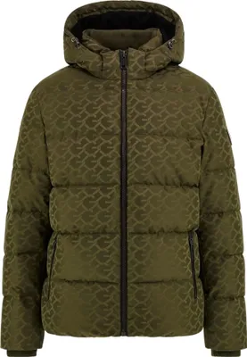 A front view of a green puffer jacket with a monogram pattern.