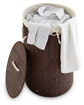 Produktbild von Relaxdays Wäschekorb Bambus, faltbare Wäschetonne mit Deckel, Volumen 70 l, Wäschesack Baumwolle, rund Ø 41 cm, braun