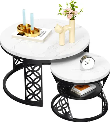 Produktbild von okwish Couchtisch-Set 2-teilig rund-weiß Marmor Optik – schwarze Metallbeine-Modern Wohnzimmer Tisch,weiß+schwarz
