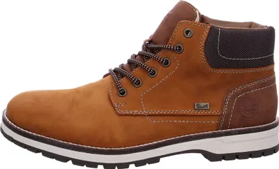 A side view of a brown leather boot.