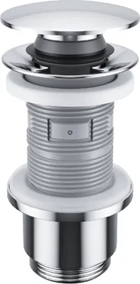 A chrome pop-up drain stopper for a sink.