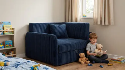 Produktbild von Kindersofa DENIS 3B Idylla – Mitwachsend, Cord in Dunkelblau, Family Meble, KI-generiertes Bild