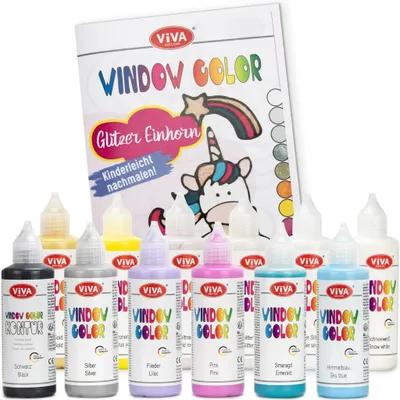 Produktbild von LM-Kreativ Window Color Set Glitzer Einhorn – abziehbare Fensterfarbe auf Wasserbasis für Glas, Spiegel und Fliesen