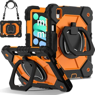 Immagine prodotto di Custodia per iPad mini 2024/iPad mini 2021 resistente custodia protettiva portatile con supporto, cinghia a mano e tracolla nero Arancione