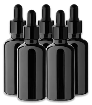 Produktbild von 5x Schwarze Glasflasche 50 ml mit schwarzer Pipette – Tropfflasche