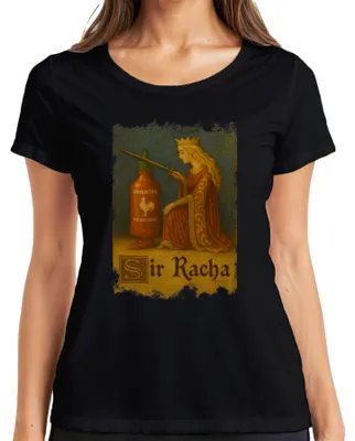 Productafbeelding van Sir Racha Sriracha Ritter T-shirt, zwart, maat S. (Verwijst naar een T-shirt met een afbeelding of tekst die verwijst naar Sir Racha Sriracha, ridders, een ridderorde, een koningin, het middeleeuwse tijdperk en chilipepers.)