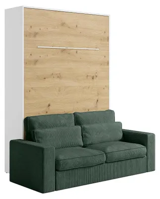 Produktbild von Schrankbett 140 x 200 cm - Manuelle vertikale Öffnung - Mit LEDs - Weiß und Natur + Grünes Sofa - RAPILI