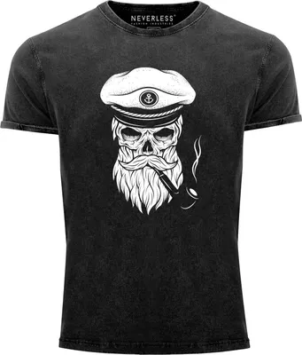 Produktbild von Cooles Angesagtes Herren T-Shirt Vintage Shirt Captain Skull Totenkopf Aufdruck Used Look Slim Fit Neverless® schwarz XL