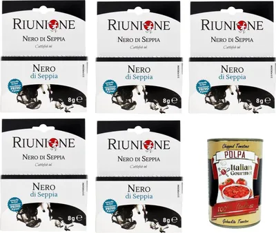 Produktbild von RIUNIONE- Nero di Seppia Tintenfisch-Tinte 5x 8g (2x4g)+ Italian Gourmet polpa 400g