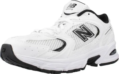 A white and black New Balance running shoe is shown from a side angle against a white background.