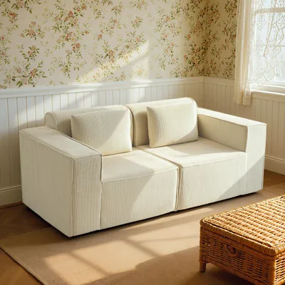 Produktbild von Sweiko 3-Sitzer-Sofa, weiche Schaumstoffstruktur, breite Armlehnen, 2 Kissen, Cordbezug, Beige