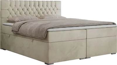 Produktbild von Boxspringbett 200x200 mit Matratze und Topper, Boxspringbett 200x200 mit Bettkasten und Kopfteil - PERA - 200x200 - Beige - Velvet - H3