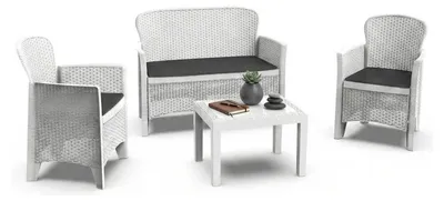 Produktbild von Outdoor-Lounge-Set Dlinett, Gartengarnitur mit 2 Sesseln, 1 Sofa und 1 Couchtisch, Sitzecke in Rattan-Optik mit Kissen, 100 %  Italy, Weiß