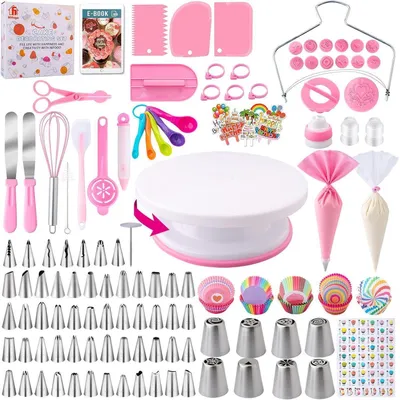 Productafbeelding van Taartaccessoireset, 356-delig, roze, met draaiende taartplateau en spuitzak