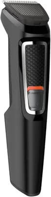 A black electric trimmer with silver and orange accents is shown against a white background.