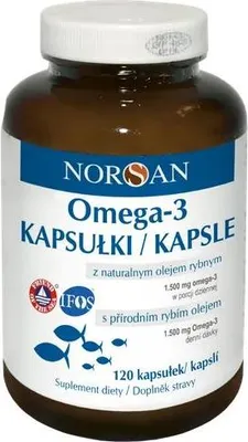 A bottle of Norsan Omega-3 fish oil capsules on a white background.