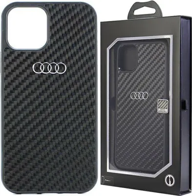 A product shot of an Audi branded iPhone case and its packaging.