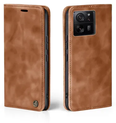 A brown flip-style phone case for a Xiaomi 13T/13T Pro is shown from two angles, open and closed.