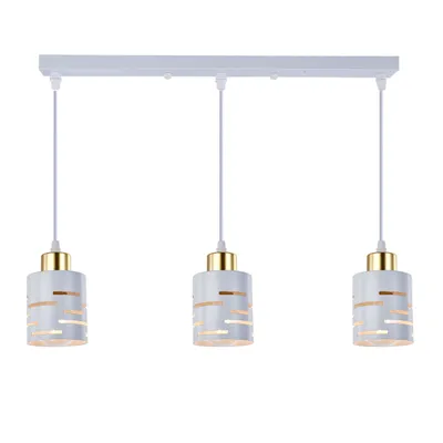 A three-light pendant lamp with white and gold cylindrical shades, suspended from a white bar.