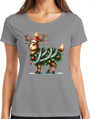 Produktbild von Rentier Weihnachtsbaum Lametta Kugeln Stern lustig Weihnachten Damen T-Shirt, Grau, 3XL