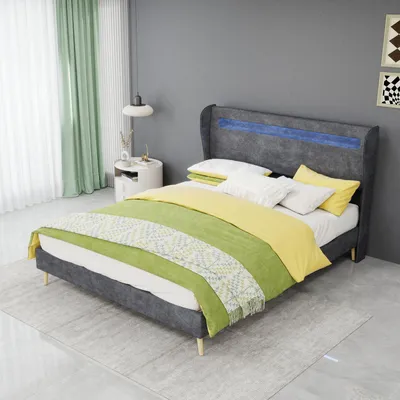 Obrázek produktu pro Postel s čalouněnou konstrukcí, rozměry 140x200 cm, s nastavitelnou opěrkou, LED osvětlením měnícím barvy a nízkým rámem, barva šedá