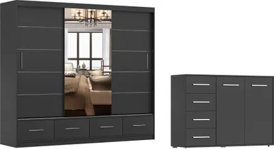 A dark gray wardrobe with a mirrored door and a matching chest of drawers are displayed against a white background.