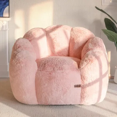 Immagine prodotto di Pouf gigante a forma di fiore, rivestito in ecopelliccia rosa, dimensioni 105x105x78 cm
