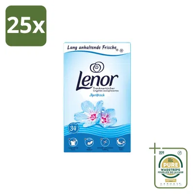Productafbeelding van 25 x Lenor droogservetten, geur: Aprilfrisch - 34 stuks - Voordeelverpakking - 25 stuks