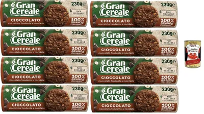 Produktbild von GranCereale Cioccolato 8x330g | Vollkornkekse mit Zartbitterschokolade & Haselnüssen – 100% italienischer Weizen – recycelbare Packung 2,64kg + Italian Gourmet polpa