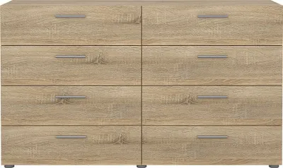 A front view of a light brown wooden dresser with eight drawers.