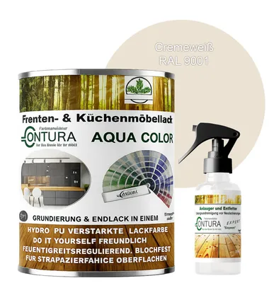 Produktbild von 750ml. + Anlauger - Contura Küchenmöbellack RAL Möbellack SEIDENMATT SET Möbelfarbe Holzlack Buntlack Küchenlack - RAL 9001 Cremeweiß