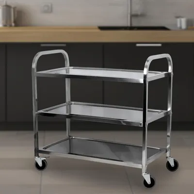 3-stöckiger Edelstahl-Servierwagen mit Rollen, 95x95x50 cm