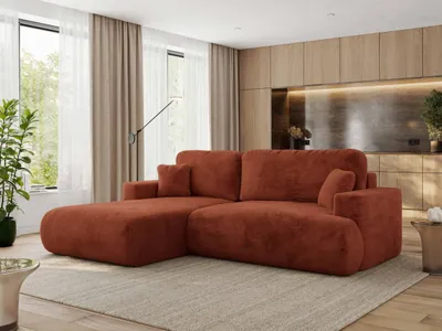Produktbild von MKS MEBLE Ecksofa OVO mit Schlaffunktion und Bettkasten, Orange Plüsch, L-form Couch, 4-Sitzer Ecksofa, 271x195x95 cm - Links Seite