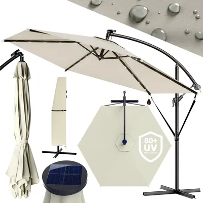 Produktbild von KINGSLEEVE® Ampelschirm LED Beleuchtung UV Schutz 80+ Solar Ständer Schutzhülle 300cm Groß Kurbel Balkon Terrasse Gartenschirm Sonnenschirm Creme