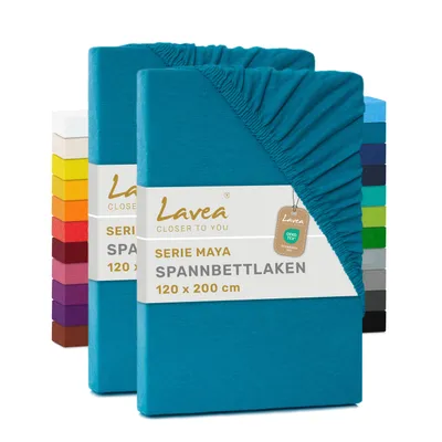 Produktbild von Lavea® 2er Pack Jersey Spannbettlaken 120x200cm, 100% Baumwolle – Weiches Bettlaken für Matratzen bis 20 cm Höhe – Aquamarin
